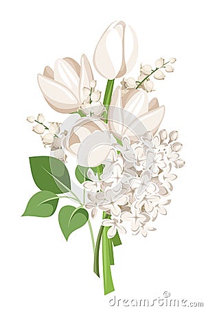 Bouquet of white tulips, lilac flowers and lily of the valley. Vector illustration. Vector Illustration