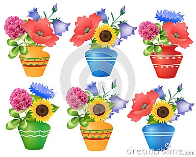 Bouquet of wild flowers in a vase. Yellow dandelion. Blue bluebell or bellflower. Red clover. Scarlet poppy. Sunflower. Plants and Vector Illustration