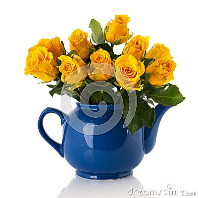 Bouquet yellow roses in blue pot Stock Photo