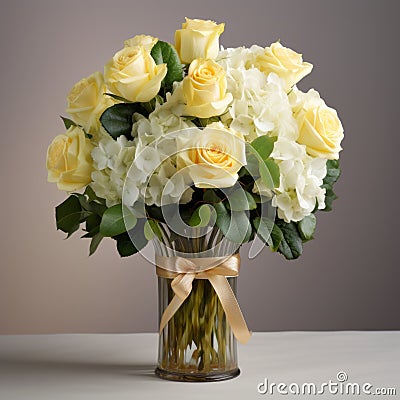 Timeless Grace: Black Vase With Yellow Roses And Hydrangea Stock Photo