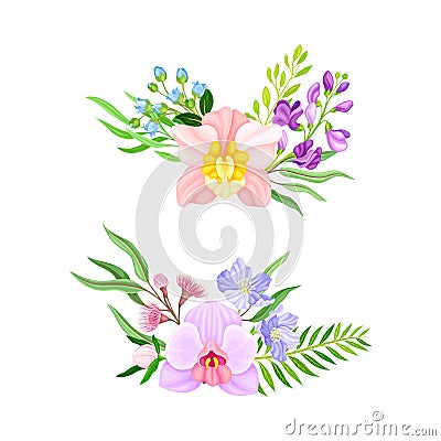 Bouquets with beautiful tropical flowers and leaves set. Floral composition with exotic plants for card, invitation Vector Illustration