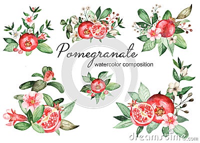 Watercolor set of bouquets, compositions of pomegranate, leaves, flowers, grains, halves of pomegranate Stock Photo