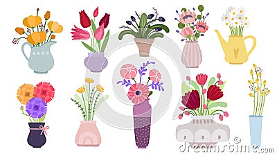 Bouquets. Garden flowers bunch, blooming summer botanical herbs. Herbaceous plants in pots, pitchers and bottles. Flat Vector Illustration
