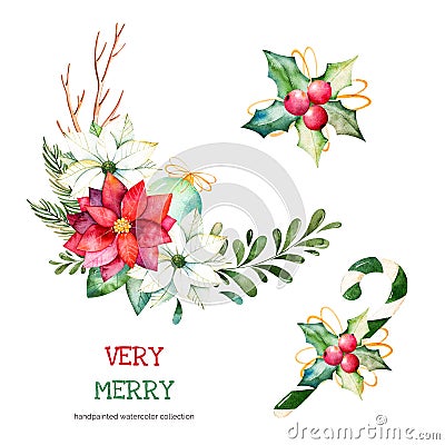 3 bouquets with leaves,branches,Christmas balls,berries,holly,pinecones,poinsettia flowers. Cartoon Illustration