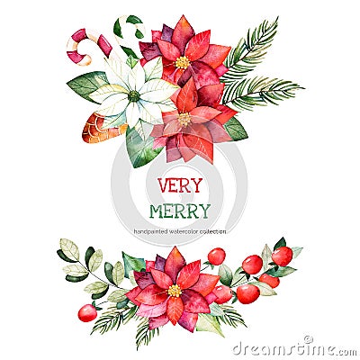 bouquets with leaves,branches,Christmas balls,berries,holly,pinecones,poinsettia flowers. Cartoon Illustration