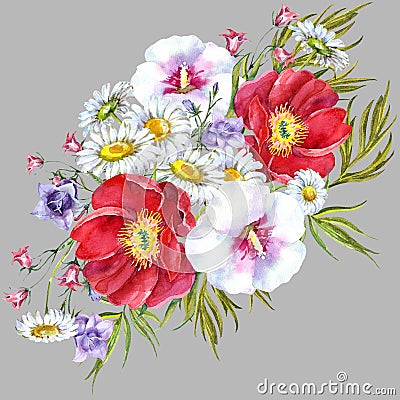 Bouquets meadow flowers , watercolor Stock Photo