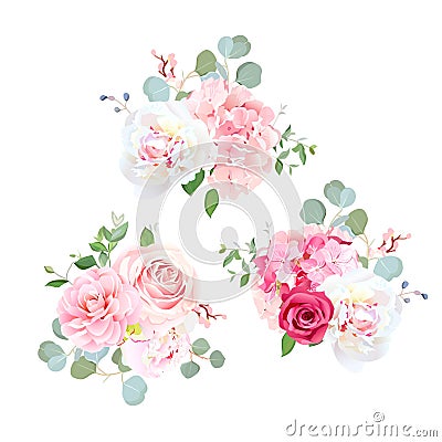 Bouquets of rose, peony, camellia, hydrangea and eucalyptus. Vector Illustration