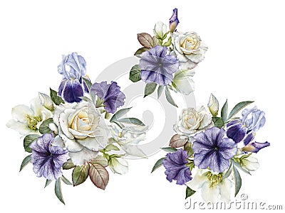 Bouquets of roses, petunias and hellebore flowers. Set of watercolor flowers Stock Photo