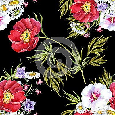 Bouquets summer flowers , watercolor, pattern seamless Stock Photo