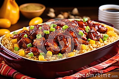 bourbon chicken sitting on a bed of golden corn kernels Stock Photo