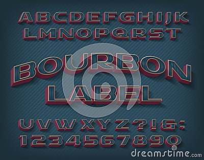 Bourbon Label alphabet font. 3D effect colorful letters and numbers with shadow. Vector Illustration