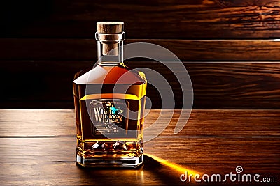 Bourbon rum whiskey bottle wooden table bar distilled liquor Cartoon Illustration