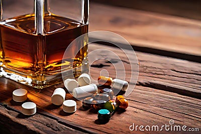 Bourbon whiskey bottle pills drugs combination Cartoon Illustration