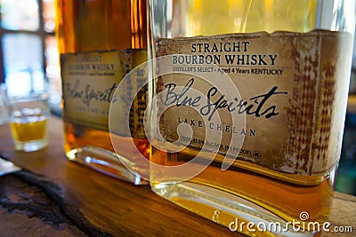 Bourbon Whisky Closeup Bottles on Bar Editorial Stock Photo
