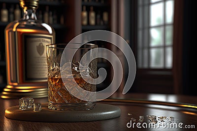 Bourbon or whisky glass on dark woody background, close up Stock Photo