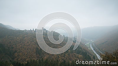 Bourscheid castle in fog Stock Photo