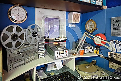 BOURTON-ON-THE-WATER, GLOUCESTERSHIRE/UK - MARCH 24 : Radio Caroline Setup in the Motor Museum at Bourton-on-the-Water in Editorial Stock Photo