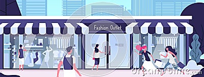 Boutique outside. Fashion outlet with shop mannequins in display windows and girls walking along street. Vector Vector Illustration