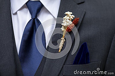 Boutonniere, tie, and handkerchief detail shot on the suit of a groom or groomsman Stock Photo