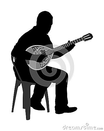 Bouzouki player vector silhouette. Street performer. Greek traditional string instrument. Folklore performer on the street. Stock Photo
