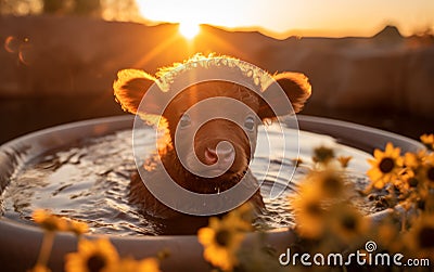 A Bovine Bliss: Cow Enjoys Refreshing Puddle Bath Stock Photo