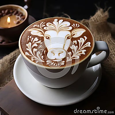 Bovine Bliss: Sip into Serenity with Cow-Themed Cappuccino Art Stock Photo