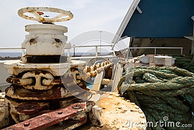 Bow with anchor chain and hawser Stock Photo