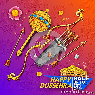 Bow and arrow of Lord Rama and ten headed Ravana for Happy Dussehra Navratri sale promotion festival of India Vector Illustration