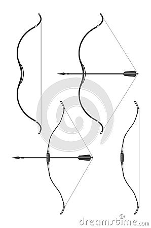 Bow with drawn bow string and arrow, archery, silhouettes of vintage bows and arrows Vector Illustration