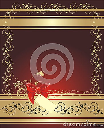 Bow on the gold ribbon with ornament. Card Vector Illustration