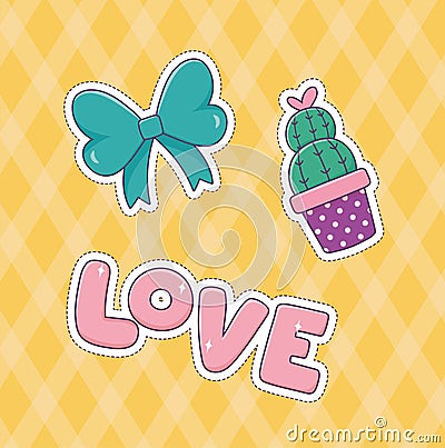 Bow love cactus patch fashion sticker decoration icon Vector Illustration