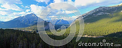 Banff National Park Landscape Panorama of Bow River Valley from Sulphur Mountain, Alberta, Canada Stock Photo