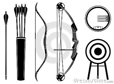 Bow set icon vector illustration. Bow, arrow, sight, quiver, target, Vector Illustration