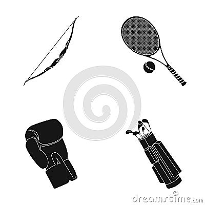 Bow for shooting at the target, racket with a ball for playing in a tennis court, a glove for boxing, a cover, a drawer Vector Illustration