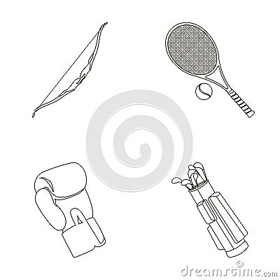 Bow for shooting at the target, racket with a ball for playing in a tennis court, a glove for boxing, a cover, a drawer Vector Illustration