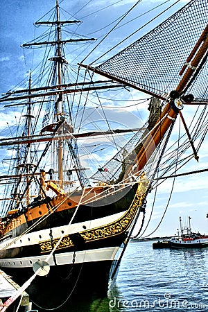 The bow of a `Tall Ships`with Mast and Rigging Reaching For Sky Stock Photo