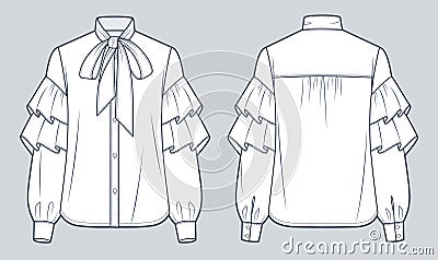 Bow Tie Neck Shirt technical fashion Illustration. Ruffled Blouse fashion flat technical drawing template, cuffed long sleeve Vector Illustration