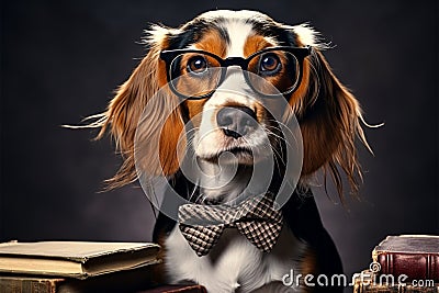 Bow tied beagle embraces studious look, glasses add extra flair Stock Photo