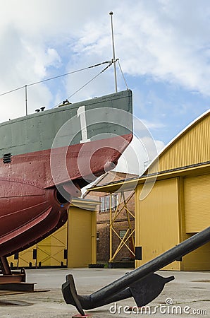 Bow and torpedo hatch on antique submarine Stock Photo