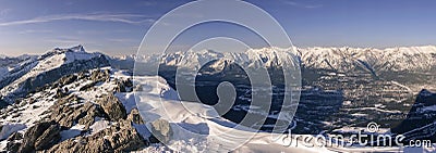 Bow Valley, City of Canmore, Alberta and Distant Canadian Rocky Mountain Peaks, Banff National Park Stock Photo