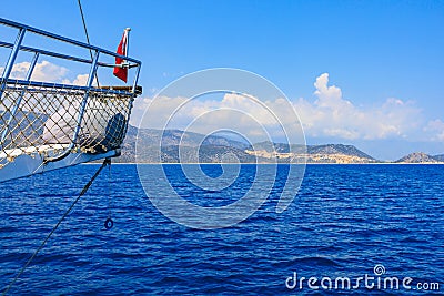 The bow of a yacht during a sea voyage. Background with selective focus and copy space Stock Photo