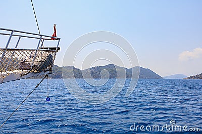 The bow of a yacht during a sea voyage. Background with selective focus and copy space Stock Photo