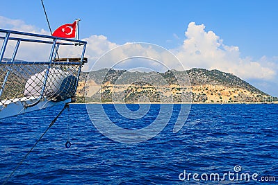 The bow of a yacht during a sea voyage. Background with selective focus and copy space Stock Photo