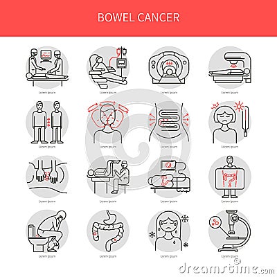 Bowel cancer line icons Vector Illustration