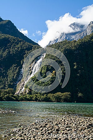 Bowen Falls tallest permanent New Zealand waterfalls Milford Sound Stock Photo