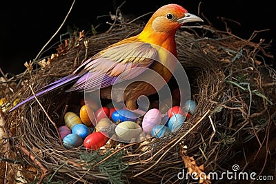 bowerbirds decorating nests with colorful items Stock Photo