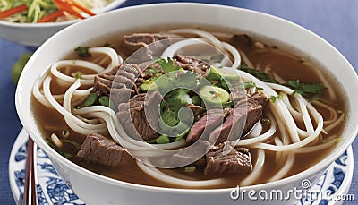 A bowl of beef noodle soup with green onions Stock Photo