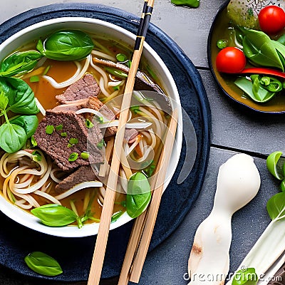 A bowl of beef pho with a side of basil and lime2, Generative AI Stock Photo