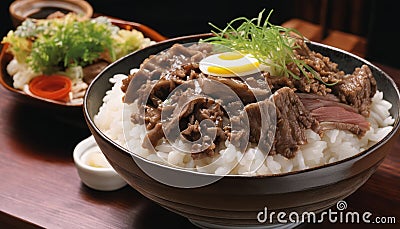 A bowl of beef and rice with a fried egg on top Stock Photo