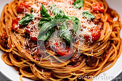 A bowl of Bolognese sauce, served on a bed of perfectly cooked pasta and garnished with a sprinkle of freshly grated Parmesan Stock Photo